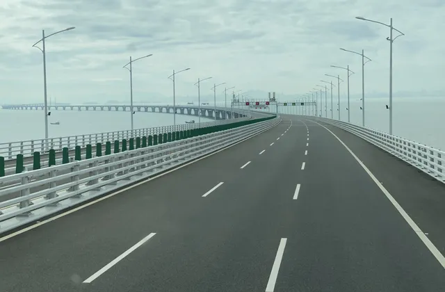 蒼白天空下，一條延伸至天際的空曠橋上公路