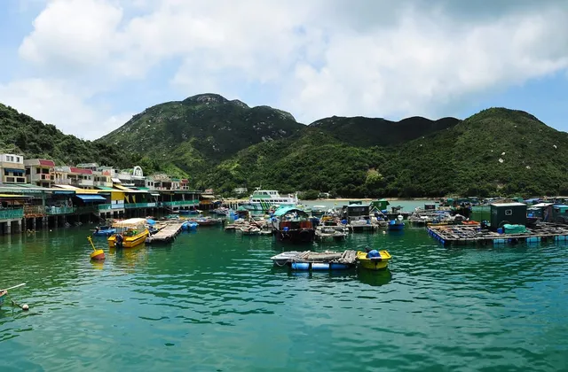 A green island bay with fishing boats and a village along the waterfront